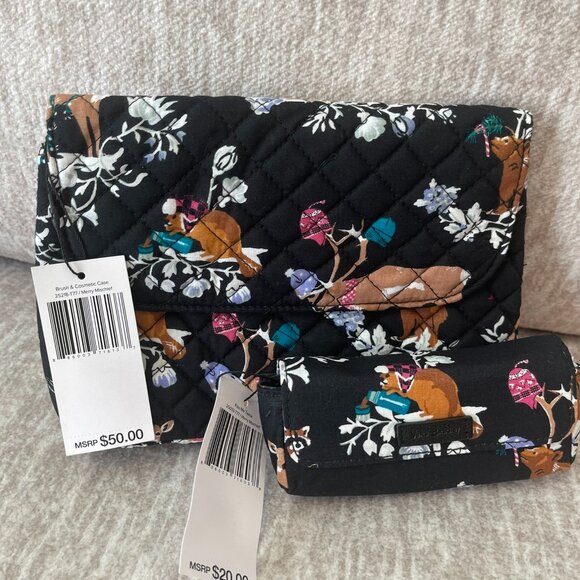 Vera Bradley Set of Brush & Cosmetic Case & Kiss Me Twice Case - Merry Mischief - Picture 1 of 10